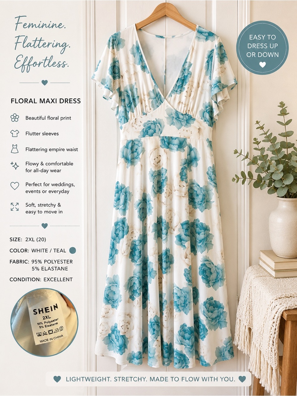 SHEIN White and Teal Floral Flutter-Sleeve Maxi Dress